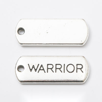 WARRIOR Engraved Rectangular Tag Pendant Charm in Antique shown in front and back product view