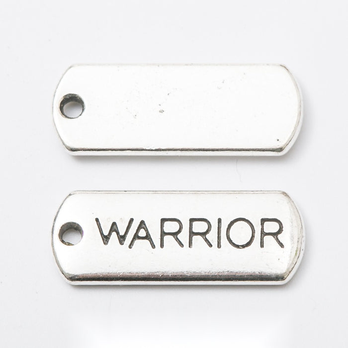 WARRIOR Engraved Rectangular Tag Pendant Charm in Antique Silver