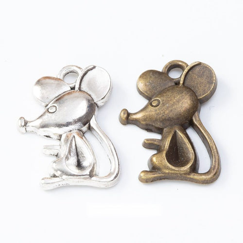 Antique Bronze, Antique Silver sitting mouse charm shown in an overview