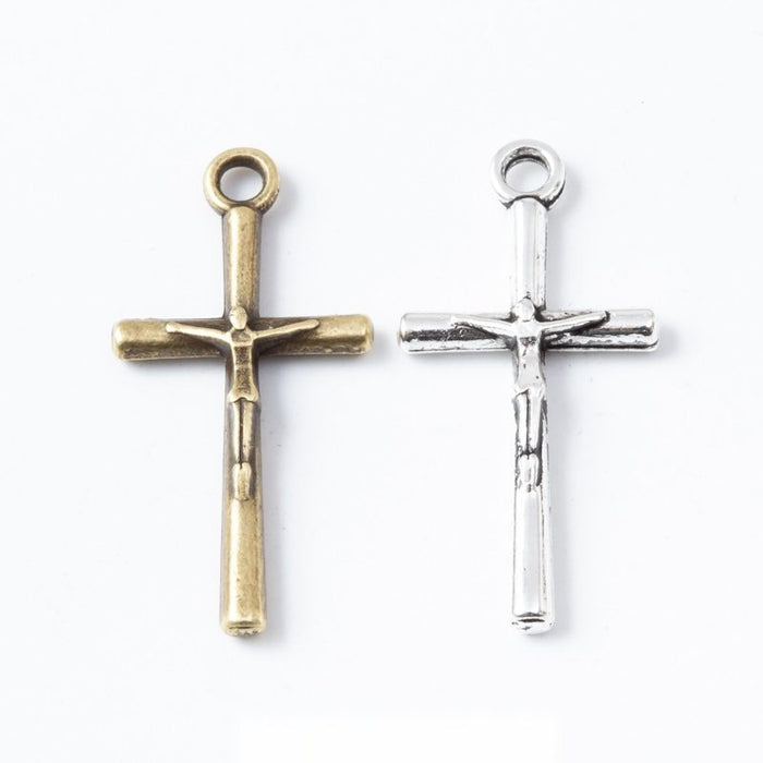 Slender Cross Charms in Two Antique Metal Finishes