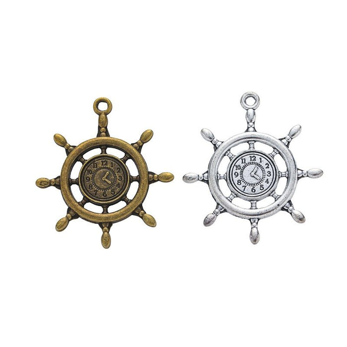 Ship Wheel and Clock Face Metal Charms in Two Antique Finishes