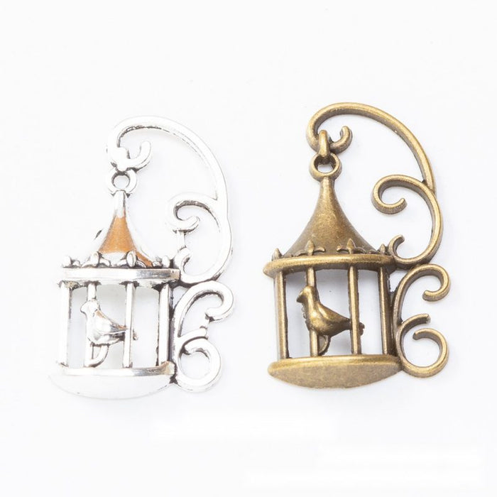 Ornate Hanging Birdcage Metal Charm in Two Antique Finishes
