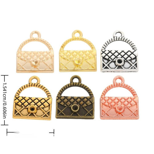 Front and reverse views of handbag charms with measurement and weight guides