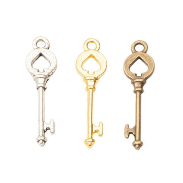 Heart Top Skeleton Key Charm In Antique Bronze, Gold and Antique Silver Metal Finish