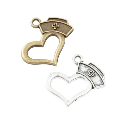 nurse cap heart outline metal charms in two finishes shown together in the available finishes