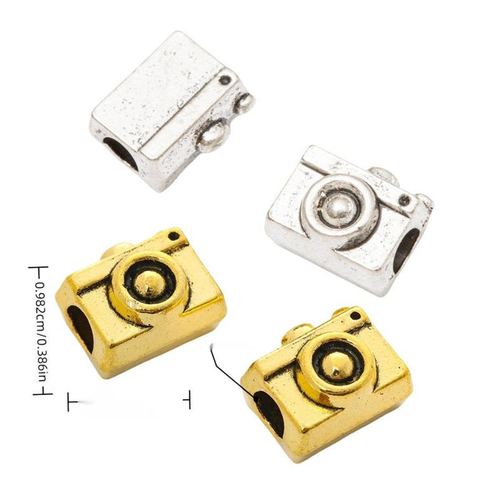 Camera Large Hole Bead with a compact camera shape with a raised lens in 2 Metal Finishes