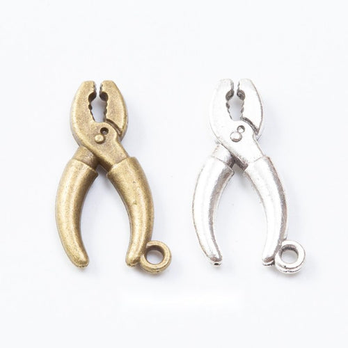 Small pliers-shaped charms with curved handles and a top loop arranged together on a white background.