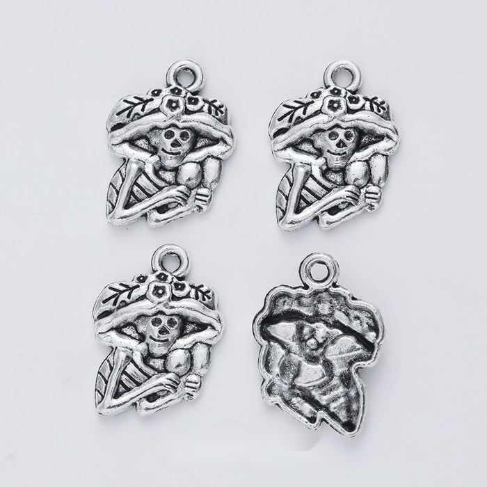 Vintage Style Metal Floral Hat Skeleton Figure Charm in 1 Metal Finish