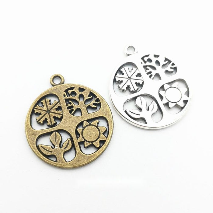 Round Four Seasons Tree Charm In Antique Bronze and Antique Silver Metal Finish