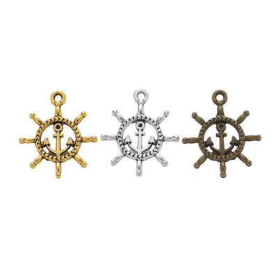 Grouped front view of anchor center ship wheel charms in the available finishes