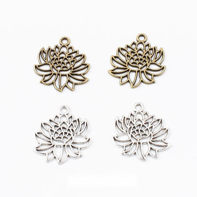 Layered Lotus Flower Metal Charms in Two Finishes in multiple metallic finishes displayed together on a white background
