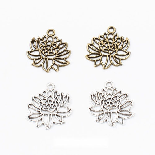 Layered Lotus Flower Metal Charms in Two Finishes in multiple metallic finishes displayed together on a white background
