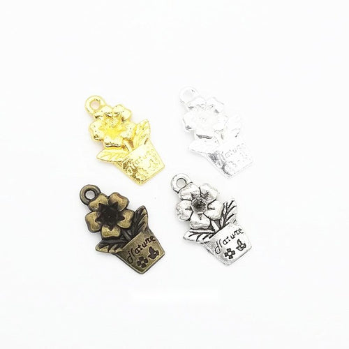 Front comparison of small flower pot metal component in 4 finishes