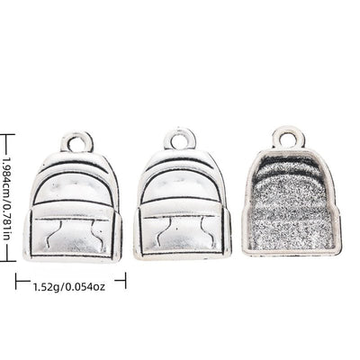 Pocketed Backpack metal piece shown in Antique Silver beside printed specifications