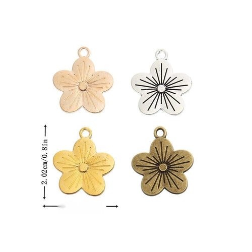 Metal five-petal flower charm, front and reverse views shown in the product image