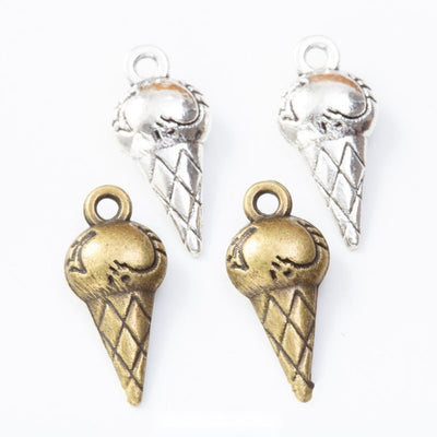 Ice Cream Cone Metal Charms in Two Antique Finishes in multiple metallic finishes displayed together on a white backgrou