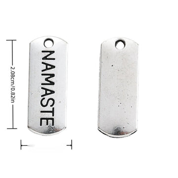 NAMASTE Engraved Rectangular Tag Pendant Charm in Antique Silver