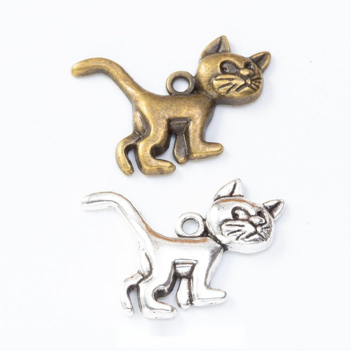 Walking Cat Pendant Charm in Two Antique Metal Finishes