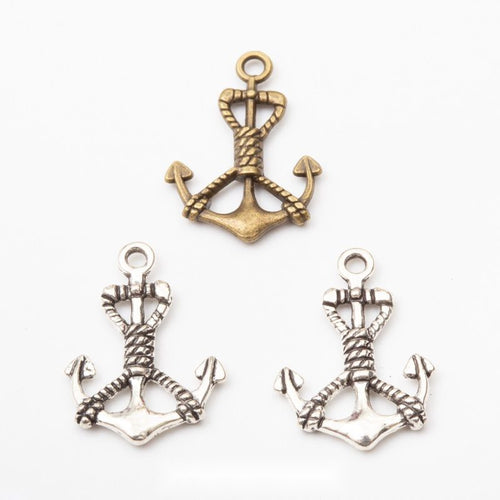 Product view of rope-wrapped anchor charm showing an anchor wrapped with raised rope details and finished with a round t