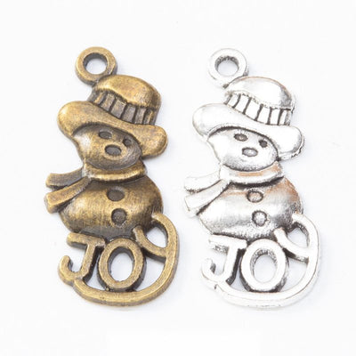 Snowman Charm Pendant finish comparison showing a top hat, scarf, buttons, and curled lower detail