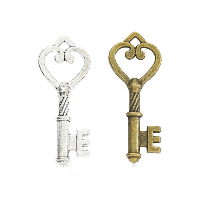 Heart Bow Skeleton Key Metal Charm for Jewelry Making in Antique Bronze and Antique Silver