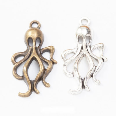 Detailed Octopus Metal Charms in Two Antique Finishes in multiple metallic finishes displayed together on a white backgr
