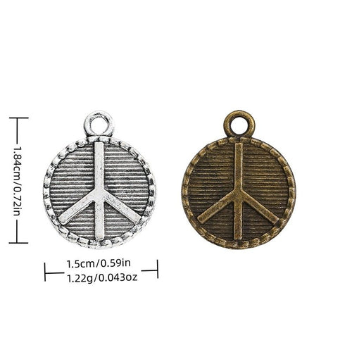 Front-facing arrangement of striped round peace sign charms on a white background