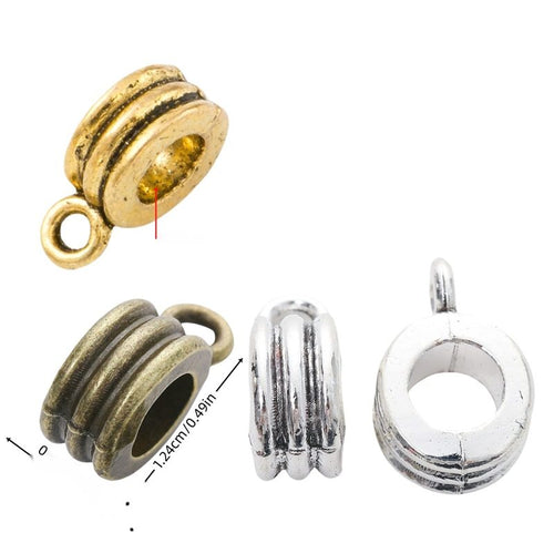Thick round large-hole bead with three grooves and a hanging loop shown in arranged finish comparison