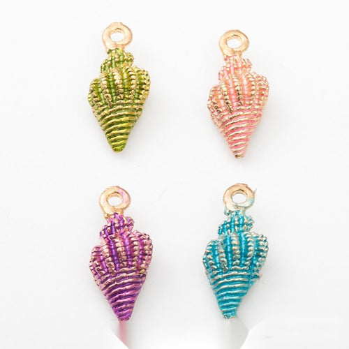 ribbed conch shell metal charms in four bright colors shown together in the available finishes