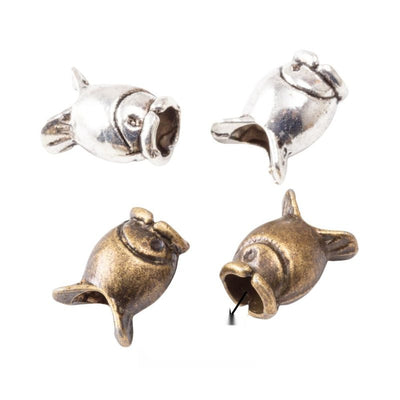 Three-dimensional fish bead with a large threading hole shown in the available finishes