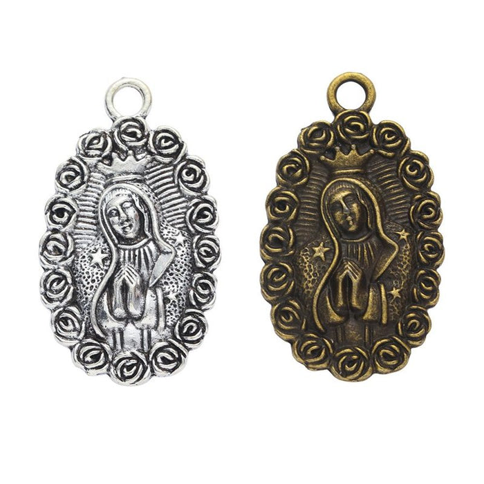 Rose Framed Virgin Medal Charm in 2 Metal Finishes for Jewelry Making