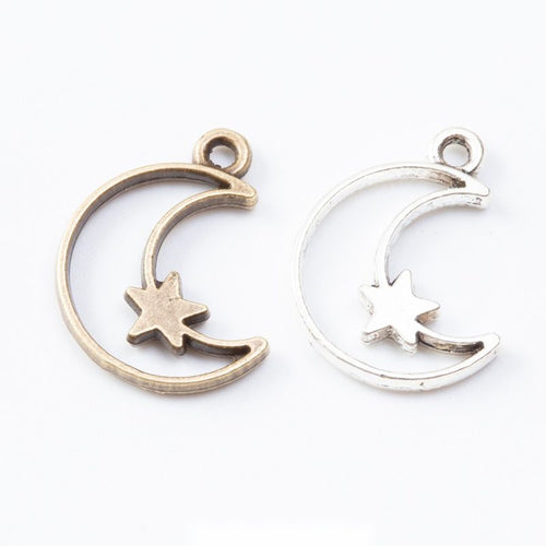 Open crescent moon frames containing a small star silhouette arranged together on a white background.