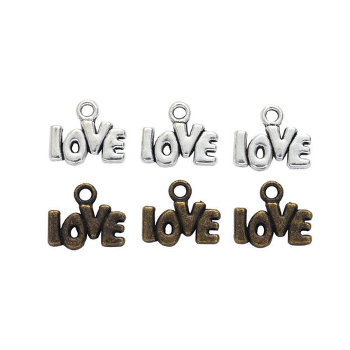 Grouped front views of the love word two-loop connector in available finishes