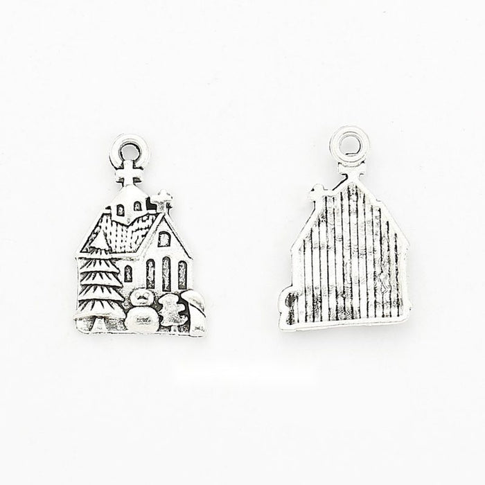 Silver Fairy Tale Castle Metal Charm with Stepped Roofs