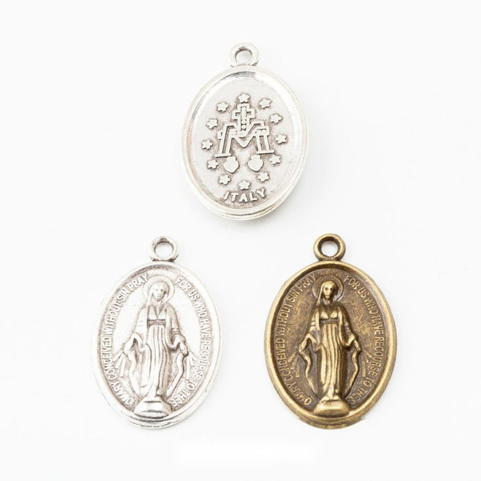 Oval Religious Figure Medal Charm In Antique Bronze and Antique Silver Metal Finish