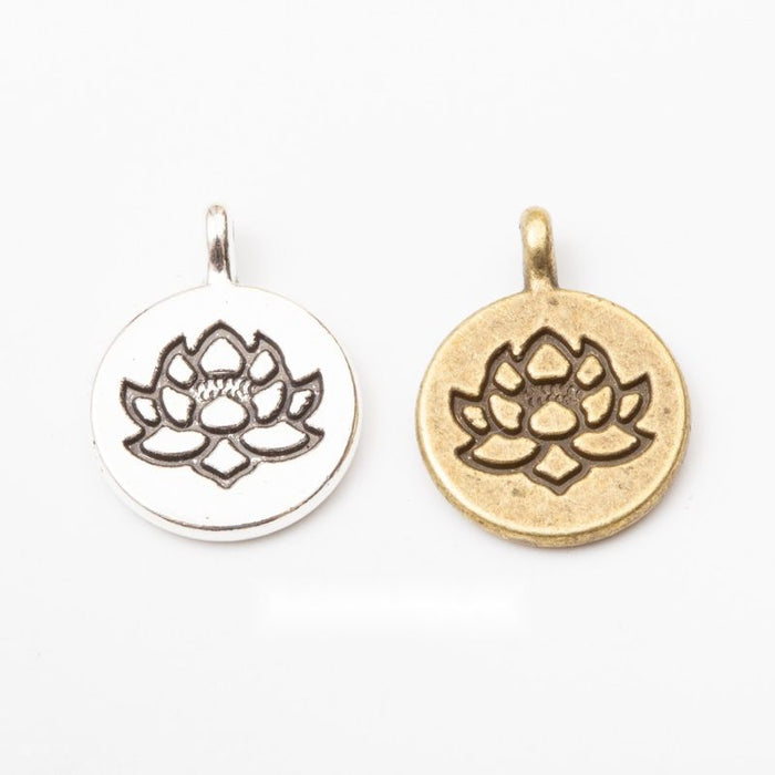 Round Lotus Cutout Metal Charm Pendants in 2 Finishes