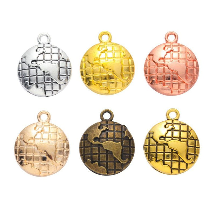Round World Map Bezel Charm Metal Pendant for Jewelry Making
