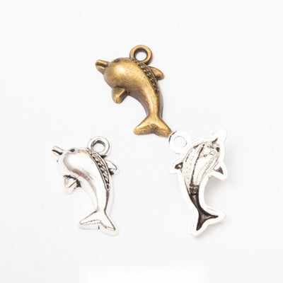 Curved leaping dolphin profile with a top loop shown in the available finishes