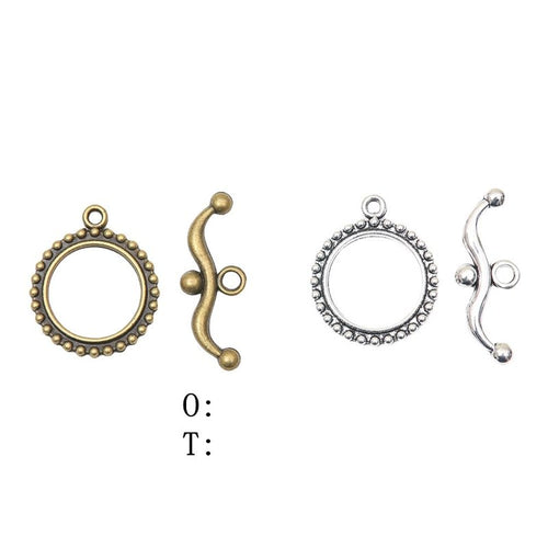 Grouped front views of the beaded edge round toggle clasp set in available finishes