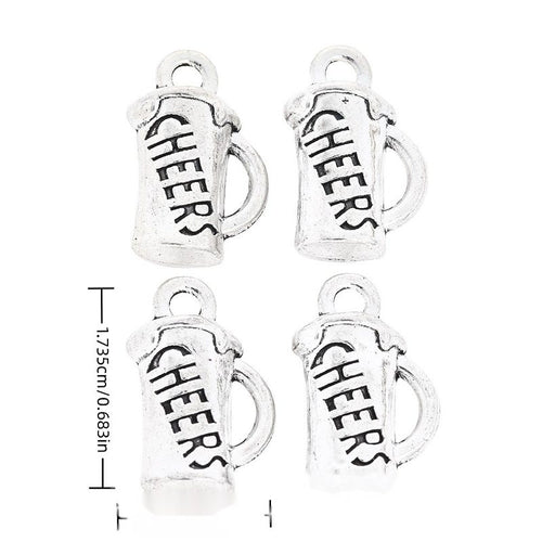 Front and reverse views of cheers word charms with measurement and weight guides