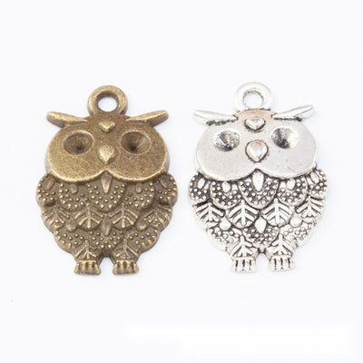 Product view of detailed owl charm showing a compact owl with large round eyes, layered feather engraving, and a top loo