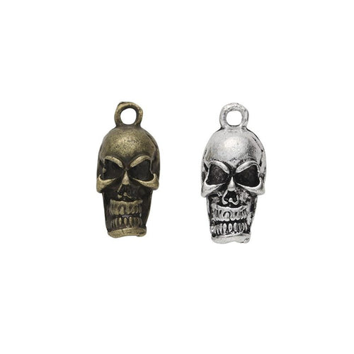 long skull head metal charm shown from the front in the available metallic finishes