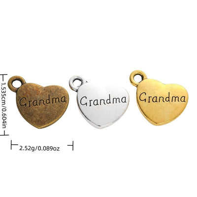 Grandma Engraved Heart metal piece shown in Antique Bronze, Antique Gold, Antique Silver beside printed specifications