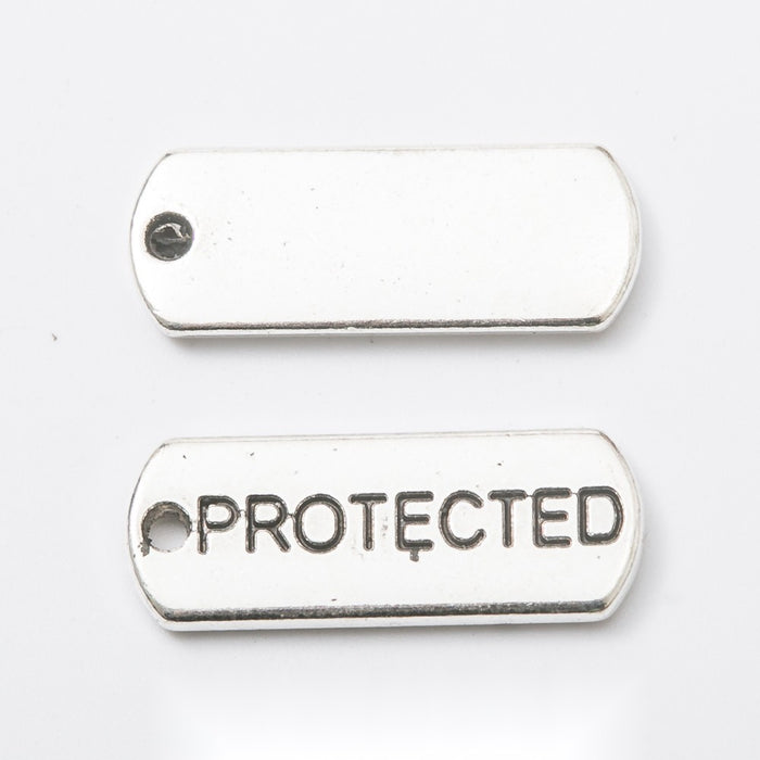 PROTECTED Engraved Rectangular Tag Pendant Charm in Antique Silver
