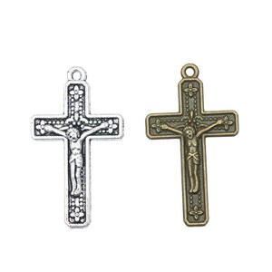Antique Metal Crucifix Cross Charm Pendant With Textured Detail, 2 Finishes