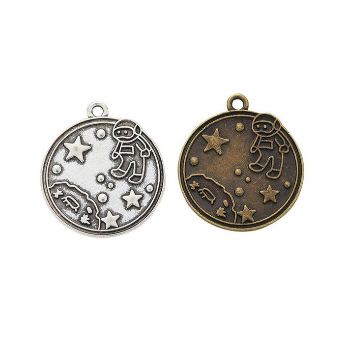 Astronaut and Planet Metal Charms in Two Antique Metal Finishes