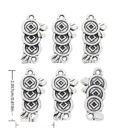 Front and reverse views of stacked coin charms with measurement and weight guides