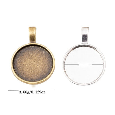 Plain round recessed setting with a flat hanging bail shown in the available finishes