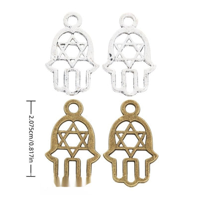 Six Point Star Hamsa Hand metal piece shown in Antique Bronze, Antique Silver beside printed specifications
