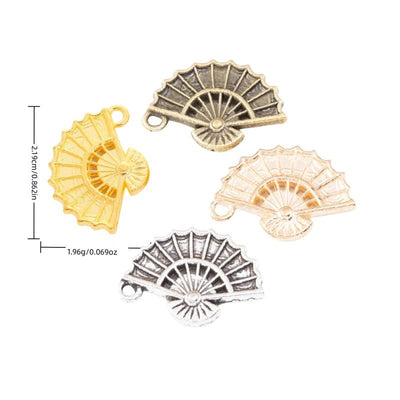 Group view of the folding fan charm showing the available finishes and front details